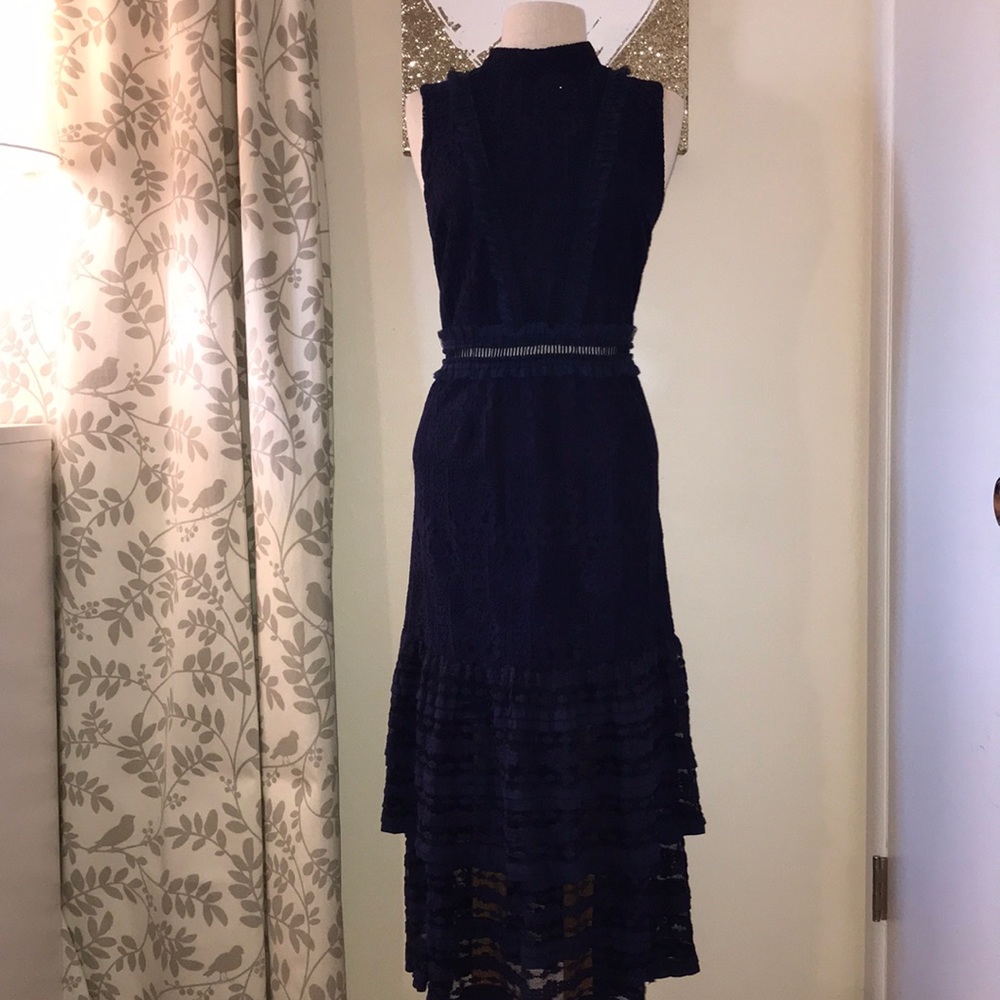 Anthropologie Endless Rose navy lace dress, sz L NWT